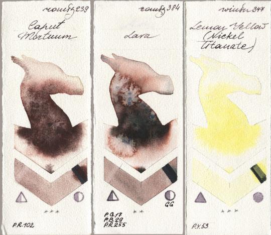 Roman Szmal Aquarius 239 Caput Mortuum vs 384 Lava vs Winsor & Newton Professional 347 Lemon Yellow (Nickel Titanate) watercolor swatch