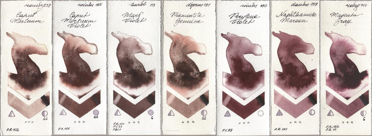 Roman Szmal Aquarius 239 Caput Mortuum, Winsor & Newton Professional 125 Caput Mortuum Violet, Holbein Artists Watercolor 113 Mars Violet, Daniel Smith 191 Piemontite Genuine, 470 Perylene Violet, 059 Naphthamide Maroon, Rosa Gallery 764 Magenta Gr watercolor swatch