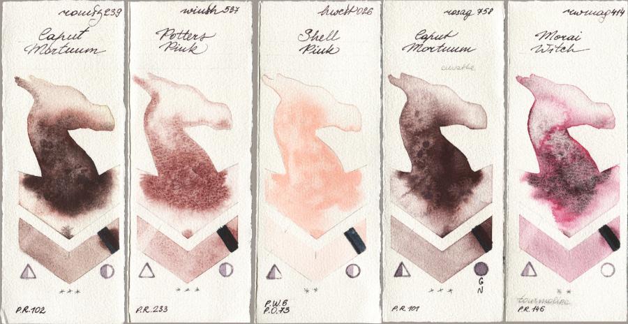 Roman Szmal Aquarius 239 Caput Mortuum vs Winsor & Newton Professional 537 Potters Pink vs Holbein Artists Watercolor 026 Shell Pink vs Rosa Gallery 758 Caput Mortuum vs Rockwell 414 Morai Witch watercolor swatch