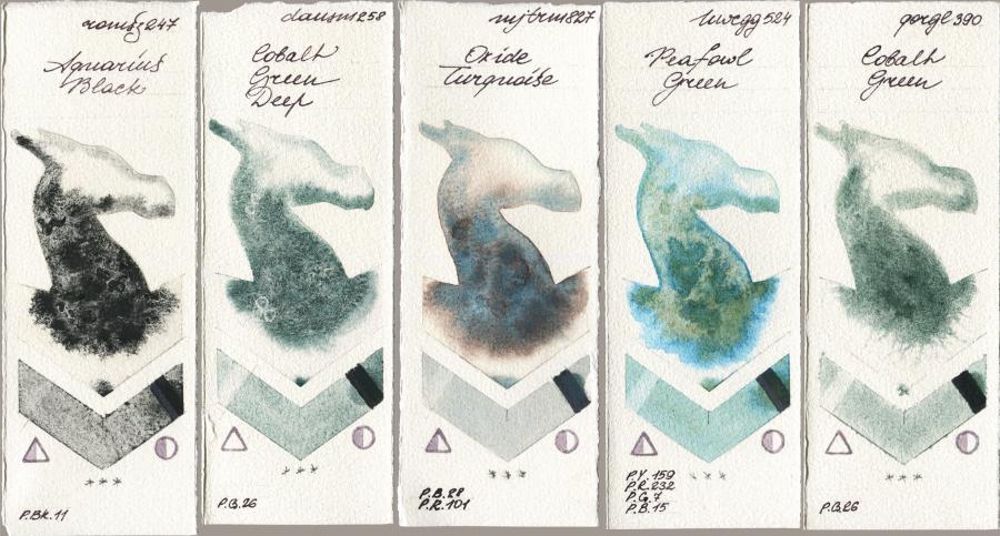 Roman Szmal Aquarius 247 Aquarius Black vs Daniel Smith 258 Cobalt Green Deep vs Mijello Mission Gold 827 Oxide Turquoise vs Holbein Artists Watercolor 524 Peafowl Green vs Golden QOR 390 Cobalt Green watercolor swatch