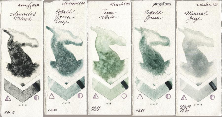 Roman Szmal Aquarius 247 Aquarius Black vs Daniel Smith 258 Cobalt Green Deep vs Shinhan PWC 592 Terre Verte vs Golden QOR 390 Cobalt Green vs Winsor & Newton Professional 427 Mineral Grey watercolor swatch