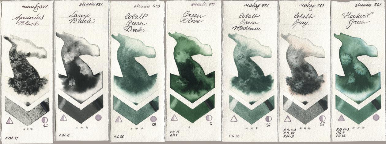 Roman Szmal Aquarius 247 Aquarius Black, Shminke Horadam Aquarell 781 Lamp Black, 533 Cobalt Green Dark, 515 Green Olive, Rosa Gallery 776 Cobalt Green Medium, 768 Cobalt Gray, 521 Hookers Gre watercolor swatch
