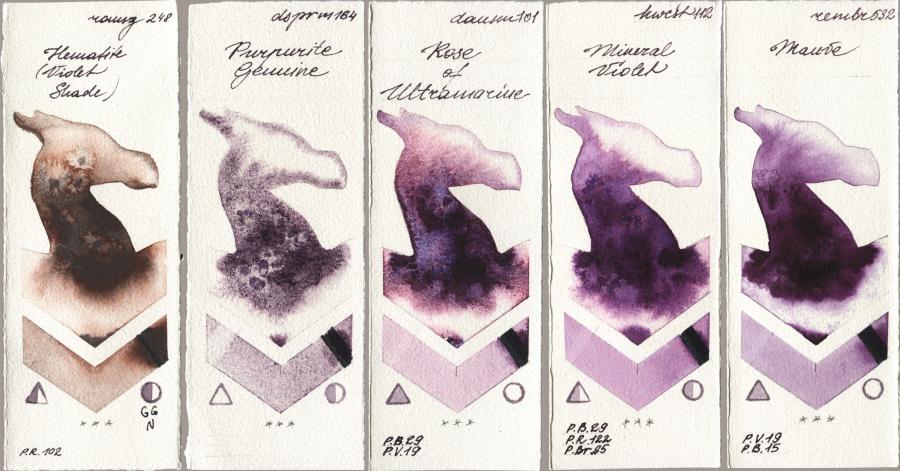 Roman Szmal Aquarius 248 Hematite (Violet Shade) vs Daniel Smith 164 Purpurite Genuine vs 101 Rose of Ultramarine vs Holbein Artists Watercolor 112 Mineral Violet vs Royal Talens Rembrandt Watercolour 532 Mauve watercolor swatch