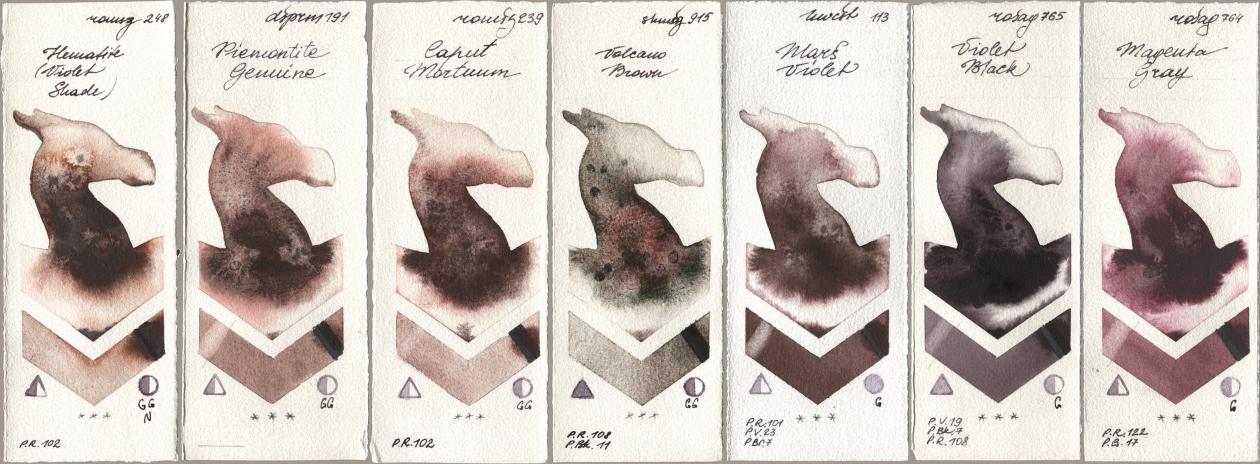 Roman Szmal Aquarius 248 Hematite (Violet Shade), Daniel Smith 191 Piemontite Genuine, 239 Caput Mortuum, Shminke Horadam Aquarell 915 Volcano Brown, Holbein Artists Watercolor 113 Mars Violet, Rosa Gallery 765 Violet Black, 764 Magenta Gr watercolor swatch