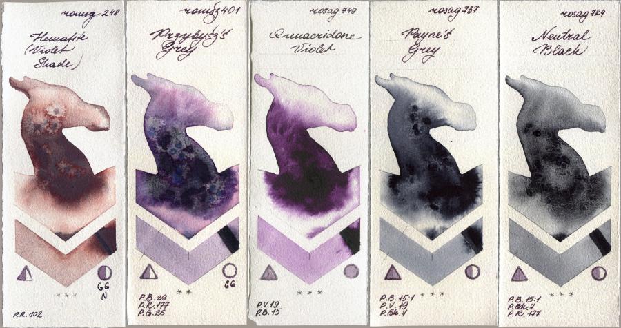 Roman Szmal Aquarius 248 Hematite (Violet Shade) vs 401 Przybyszs Grey vs Rosa Gallery 749 Quinacridone Violet vs 737 Paynes Grey vs 724 Neutral Black watercolor swatch
