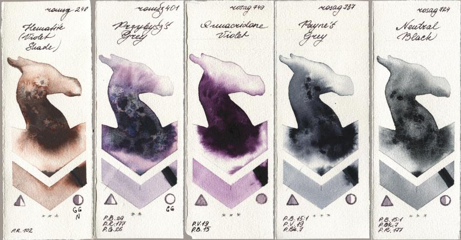 Roman Szmal Aquarius 248 Hematite (Violet Shade) vs 401 Przybyszs Grey vs Rosa Gallery 749 Quinacridone Violet vs 737 Paynes Grey vs 724 Neutral Black watercolor swatch