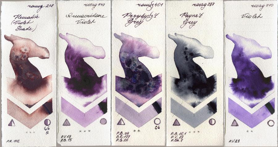 Roman Szmal Aquarius 248 Hematite (Violet Shade) vs Rosa Gallery 749 Quinacridone Violet vs 401 Przybyszs Grey vs 737 Paynes Grey vs 710 Violet watercolor swatch
