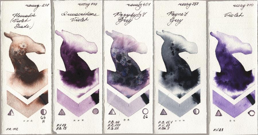 Roman Szmal Aquarius 248 Hematite (Violet Shade) vs Rosa Gallery 749 Quinacridone Violet vs 401 Przybyszs Grey vs 737 Paynes Grey vs 710 Violet watercolor swatch
