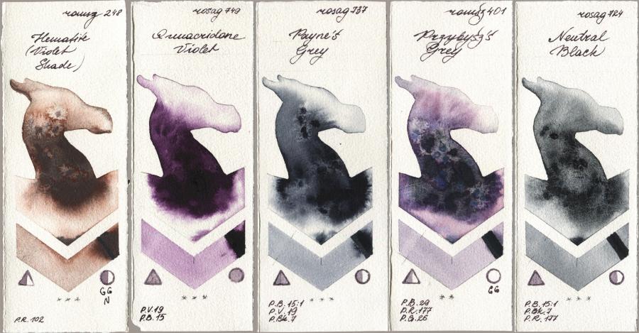 Roman Szmal Aquarius 248 Hematite (Violet Shade) vs Rosa Gallery 749 Quinacridone Violet vs 737 Paynes Grey vs 401 Przybyszs Grey vs 724 Neutral Black watercolor swatch