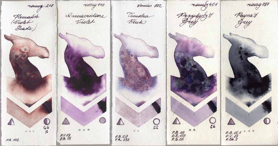 Roman Szmal Aquarius 248 Hematite (Violet Shade) vs Rosa Gallery 749 Quinacridone Violet vs Shminke Horadam Aquarell 982 Tundra Pink vs 401 Przybyszs Grey vs 737 Paynes Grey watercolor swatch