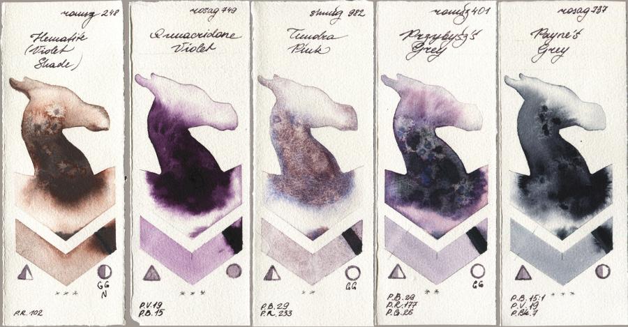 Roman Szmal Aquarius 248 Hematite (Violet Shade) vs Rosa Gallery 749 Quinacridone Violet vs Shminke Horadam Aquarell 982 Tundra Pink vs 401 Przybyszs Grey vs 737 Paynes Grey watercolor swatch