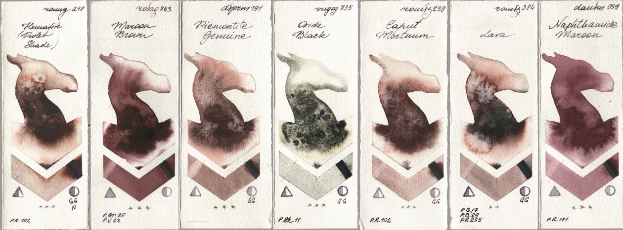 Roman Szmal Aquarius 248 Hematite (Violet Shade), Rosa Gallery 763 Maroon Brown, Daniel Smith 191 Piemontite Genuine, Royal Talens Van Gogh Watercolour 735 Oxide Black, 239 Caput Mortuum, 384 Lava, 059 Naphthamide Maro watercolor swatch