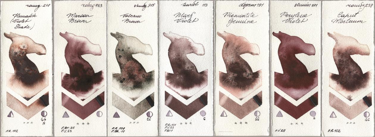 Roman Szmal Aquarius 248 Hematite (Violet Shade), Rosa Gallery 763 Maroon Brown, Shminke Horadam Aquarell 915 Volcano Brown, Holbein Artists Watercolor 113 Mars Violet, Daniel Smith 191 Piemontite Genuine, 371 Perylene Violet, 239 Caput Mortu watercolor swatch