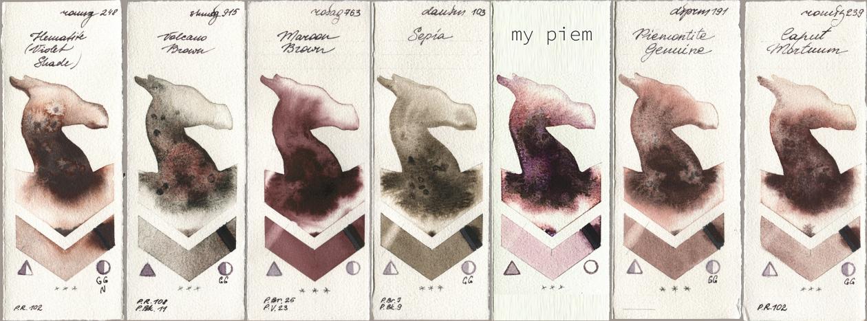 Roman Szmal Aquarius 248 Hematite (Violet Shade), Shminke Horadam Aquarell 915 Volcano Brown, Rosa Gallery 763 Maroon Brown, Daniel Smith 103 Sepia, my 191 piem, 191 Piemontite Genuine, 239 Caput Mortu watercolor swatch