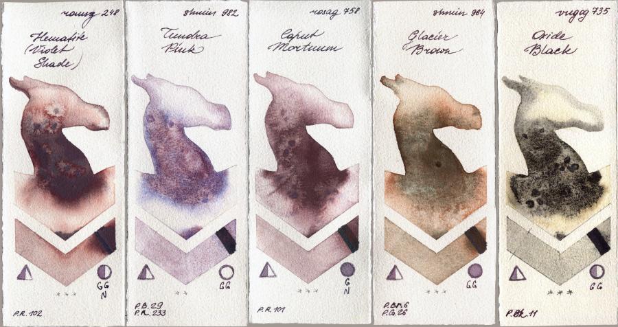 Roman Szmal Aquarius 248 Hematite (Violet Shade) vs Shminke Horadam Aquarell 982 Tundra Pink vs Rosa Gallery 758 Caput Mortuum vs 964 Glacier Brown vs Royal Talens Van Gogh Watercolour 735 Oxide Black watercolor swatch