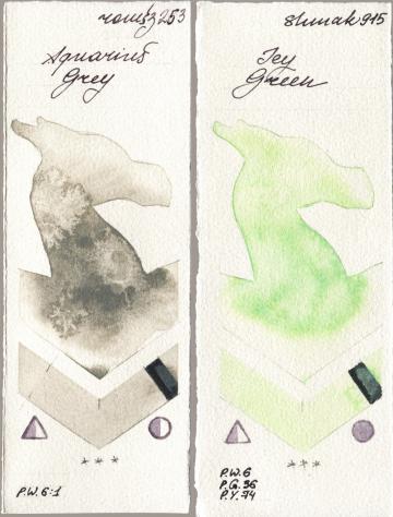 Roman Szmal Aquarius 253 Aquarius Grey vs Shminke Akademie Aquarell 915 Icy Green watercolor swatch