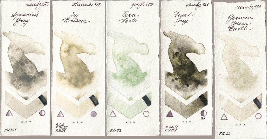 Roman Szmal Aquarius 253 Aquarius Grey vs Shminke Akademie Aquarell 917 Icy Brown vs Golden QOR 405 Terre Verte vs Shminke Horadam Aquarell 925 Desert Grey vs 138 German Green Earth watercolor swatch