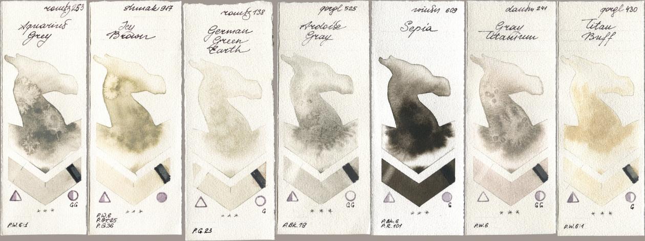Roman Szmal Aquarius 253 Aquarius Grey, Shminke Akademie Aquarell 917 Icy Brown, 138 German Green Earth, Golden QOR 525 Ardoise Gray, Winsor & Newton Professional 609 Sepia, Daniel Smith 241 Gray Titanium, 430 Titan Bu watercolor swatch