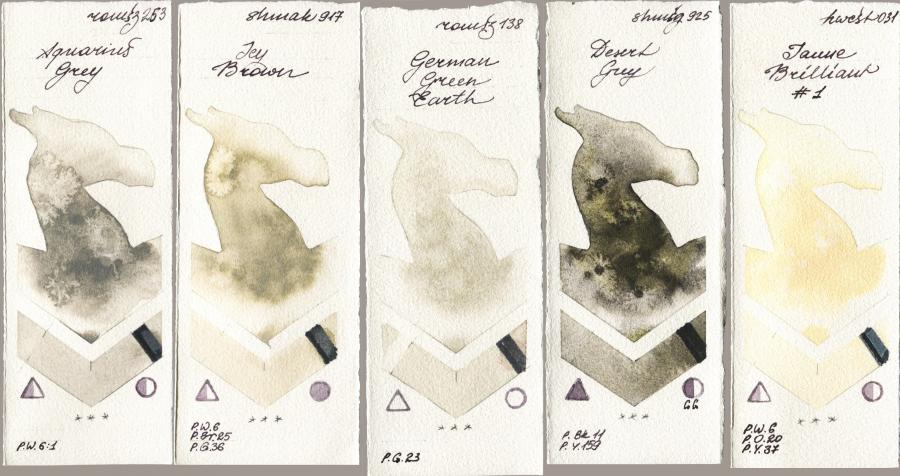 Roman Szmal Aquarius 253 Aquarius Grey vs Shminke Akademie Aquarell 917 Icy Brown vs 138 German Green Earth vs Shminke Horadam Aquarell 925 Desert Grey vs Holbein Artists Watercolor 031 Jaune Brilliant No 1 watercolor swatch