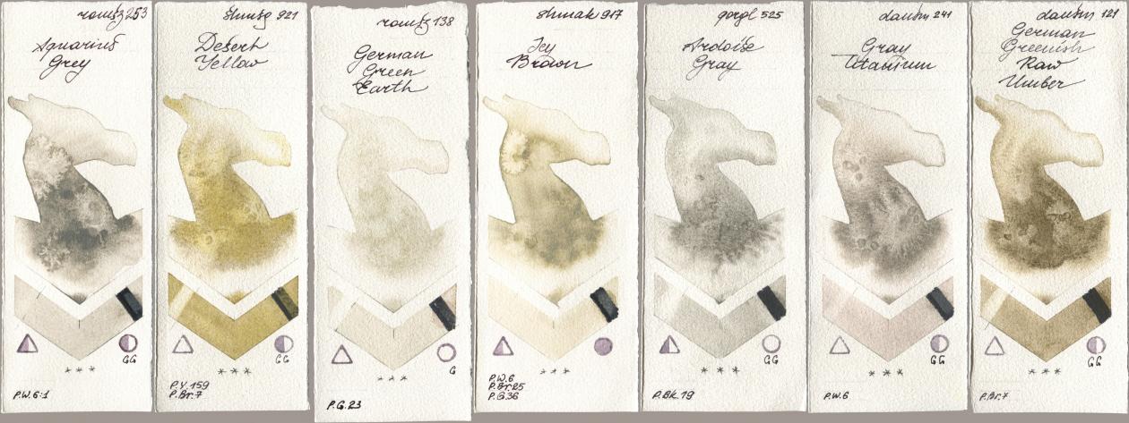 Roman Szmal Aquarius 253 Aquarius Grey, Shminke Horadam Aquarell 921 Desert Yellow, 138 German Green Earth, Shminke Akademie Aquarell 917 Icy Brown, Golden QOR 525 Ardoise Gray, Daniel Smith 241 Gray Titanium, 121 German Greenish Raw Umb watercolor swatch