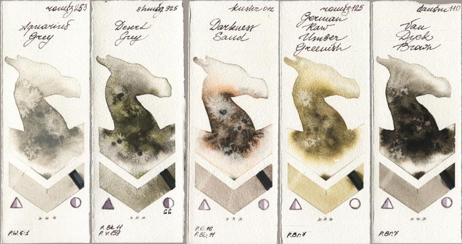 Roman Szmal Aquarius 253 Aquarius Grey vs Shminke Horadam Aquarell 925 Desert Grey vs Kusakabe 012 Darkness Sand vs 125 German Raw Umber Greenish vs Daniel Smith 110 Van Dyck Brown watercolor swatch