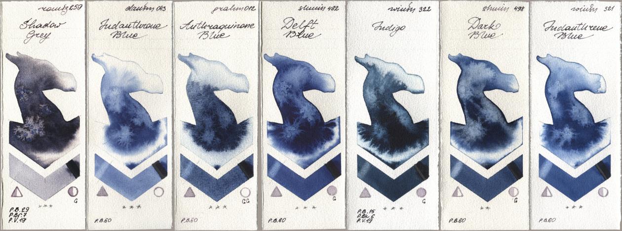 Roman Szmal Aquarius 259 Shadow Grey, Daniel Smith 043 Indanthrone Blue, M. Graham & Co. Artists 012 Anthraquinone Blue, Shminke Horadam Aquarell 482 Delft Blue, Winsor & Newton Professional 322 Indigo, 498 Dark Blue, 321 Indanthrene Bl watercolor swatch