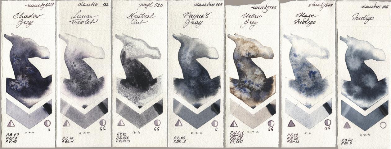 Roman Szmal Aquarius 259 Shadow Grey, Daniel Smith 182 Lunar Violet, Golden QOR 520 Neutral Tint, 065 Paynes Gray, 262 Urban Grey, Shminke Horadam Aquarell 968 Haze Indigo, 046 Indi watercolor swatch