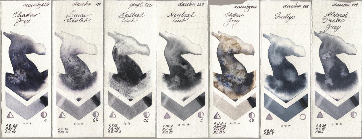 Roman Szmal Aquarius 259 Shadow Grey, Daniel Smith 182 Lunar Violet, Golden QOR 520 Neutral Tint, 229 Neutral Tint, 262 Urban Grey, 046 Indigo, 242 Alvaros Fresco Gr watercolor swatch