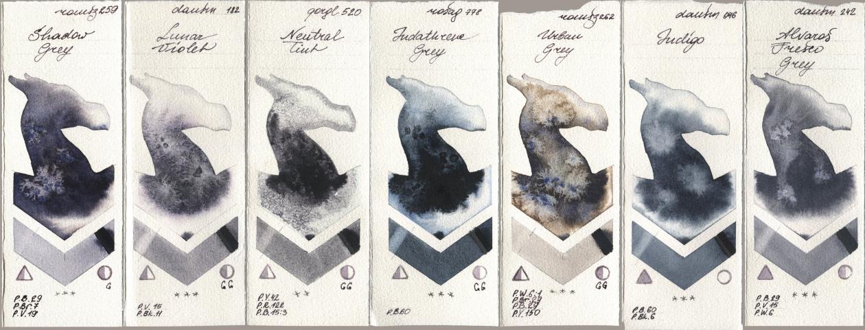Roman Szmal Aquarius 259 Shadow Grey, Daniel Smith 182 Lunar Violet, Golden QOR 520 Neutral Tint, Rosa Gallery 778 Indanthrene Grey, 262 Urban Grey, 046 Indigo, 242 Alvaros Fresco Gr watercolor swatch