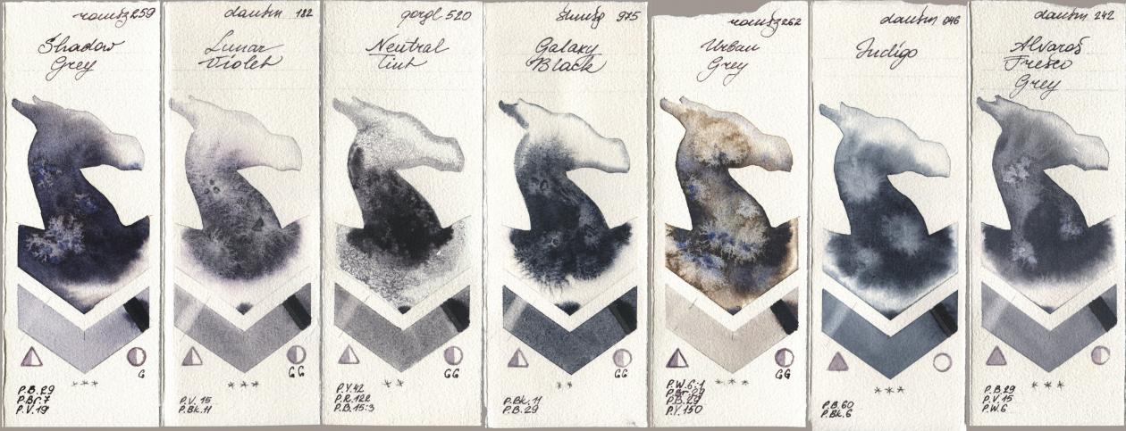 Roman Szmal Aquarius 259 Shadow Grey, Daniel Smith 182 Lunar Violet, Golden QOR 520 Neutral Tint, Shminke Horadam Aquarell 975 Galaxy Black, 262 Urban Grey, 046 Indigo, 242 Alvaros Fresco Gr watercolor swatch