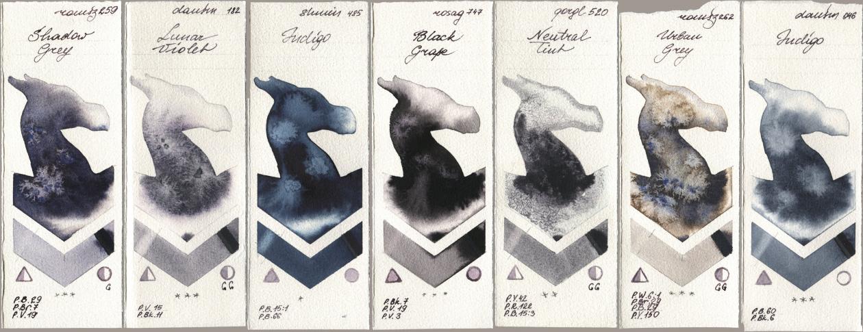 Roman Szmal Aquarius 259 Shadow Grey, Daniel Smith 182 Lunar Violet, Shminke Horadam Aquarell 485 Indigo, Rosa Gallery 747 Black Grape, Golden QOR 520 Neutral Tint, 262 Urban Grey, 046 Indi watercolor swatch