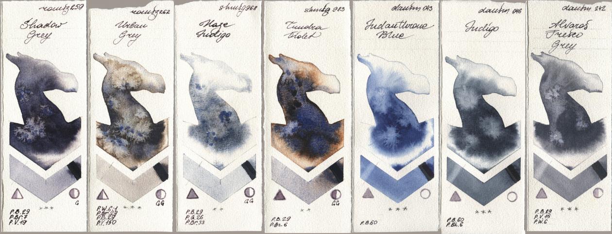 Roman Szmal Aquarius 259 Shadow Grey, 262 Urban Grey, Shminke Horadam Aquarell 968 Haze Indigo, 983 Tundra Violet, Daniel Smith 043 Indanthrone Blue, 046 Indigo, 242 Alvaros Fresco Gr watercolor swatch