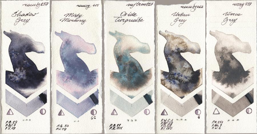 Roman Szmal Aquarius 259 Shadow Grey vs 415 Misty Morning vs Mijello Mission Gold 827 Oxide Turquoise vs 262 Urban Grey vs Rosa Gallery 759 Warm Grey watercolor swatch