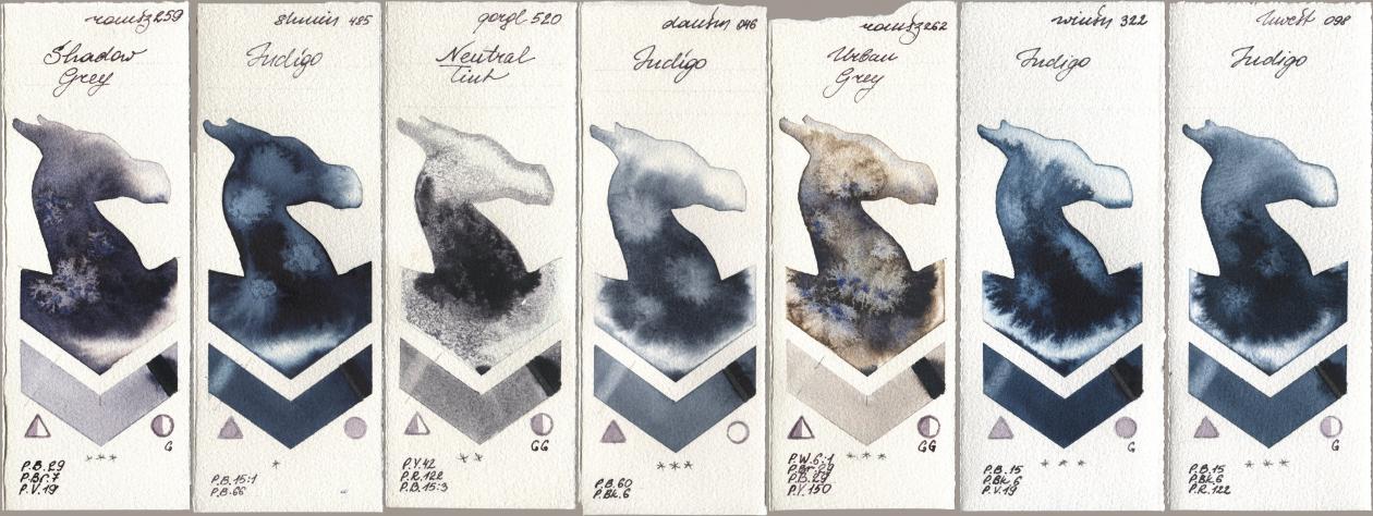 Roman Szmal Aquarius 259 Shadow Grey, Shminke Horadam Aquarell 485 Indigo, Golden QOR 520 Neutral Tint, Daniel Smith 046 Indigo, 262 Urban Grey, Winsor & Newton Professional 322 Indigo, Holbein Artists Watercolor 098 Indi watercolor swatch