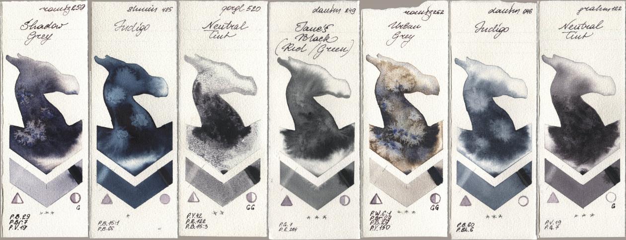 Roman Szmal Aquarius 259 Shadow Grey, Shminke Horadam Aquarell 485 Indigo, Golden QOR 520 Neutral Tint, Daniel Smith 249 Janes Black (Red/Green), 262 Urban Grey, 046 Indigo, M. Graham & Co. Artists 122 Neutral Ti watercolor swatch