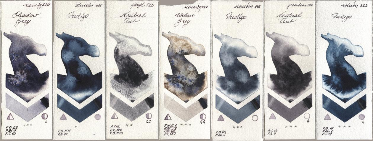 Roman Szmal Aquarius 259 Shadow Grey, Shminke Horadam Aquarell 485 Indigo, Golden QOR 520 Neutral Tint, 262 Urban Grey, Daniel Smith 046 Indigo, M. Graham & Co. Artists 122 Neutral Tint, Winsor & Newton Professional 322 Indi watercolor swatch