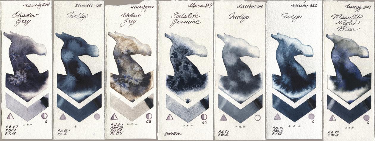 Roman Szmal Aquarius 259 Shadow Grey, Shminke Horadam Aquarell 485 Indigo, 262 Urban Grey, Daniel Smith 179 Sodalite Genuine, 046 Indigo, Winsor & Newton Professional 322 Indigo, Holbein Artists Watercolor 571 Moonlit Night Bl watercolor swatch