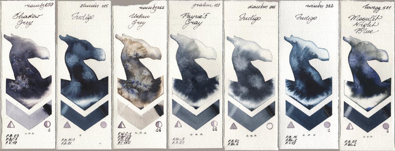 Roman Szmal Aquarius 259 Shadow Grey, Shminke Horadam Aquarell 485 Indigo, 262 Urban Grey, M. Graham & Co. Artists 128 Payne’s Gray, Daniel Smith 046 Indigo, Winsor & Newton Professional 322 Indigo, Holbein Artists Watercolor 571 Moonlit Night Bl watercolor swatch