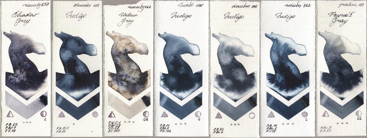 Roman Szmal Aquarius 259 Shadow Grey, Shminke Horadam Aquarell 485 Indigo, 262 Urban Grey, Holbein Artists Watercolor 098 Indigo, Daniel Smith 046 Indigo, Winsor & Newton Professional 322 Indigo, M. Graham & Co. Artists 128 Payne’s Gr watercolor swatch