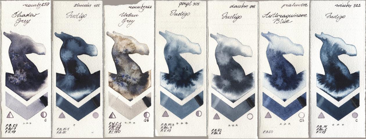 Roman Szmal Aquarius 259 Shadow Grey, Shminke Horadam Aquarell 485 Indigo, 262 Urban Grey, Golden QOR 305 Indigo, Daniel Smith 046 Indigo, M. Graham & Co. Artists 012 Anthraquinone Blue, Winsor & Newton Professional 322 Indi watercolor swatch