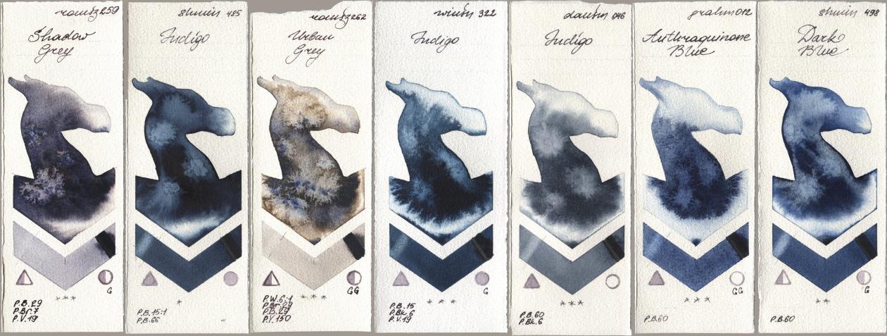 Roman Szmal Aquarius 259 Shadow Grey, Shminke Horadam Aquarell 485 Indigo, 262 Urban Grey, Winsor & Newton Professional 322 Indigo, Daniel Smith 046 Indigo, M. Graham & Co. Artists 012 Anthraquinone Blue, 498 Dark Bl watercolor swatch