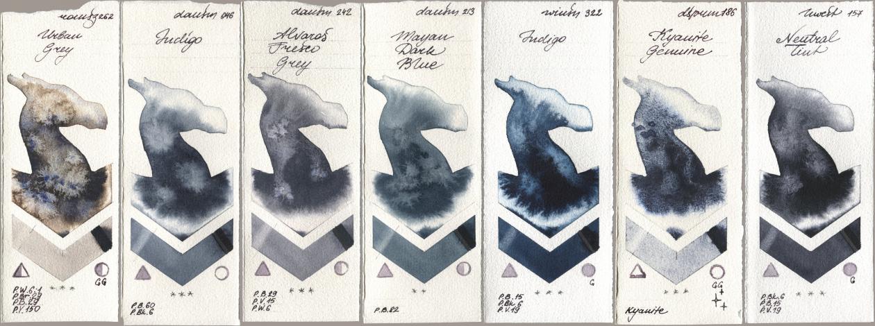 Roman Szmal Aquarius 262 Urban Grey, Daniel Smith 046 Indigo, 242 Alvaros Fresco Grey, 213 Mayan Dark Blue, Winsor & Newton Professional 322 Indigo, 186 Kyanite Genuine, Holbein Artists Watercolor 157 Neutral Ti watercolor swatch