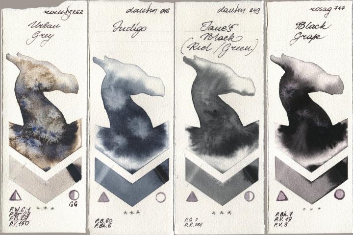 Roman Szmal Aquarius 262 Urban Grey, Daniel Smith 046 Indigo, 249 Janes Black (Red/Green), Rosa Gallery 747 Black Gra watercolor swatch