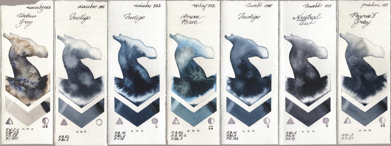 Roman Szmal Aquarius 262 Urban Grey, Daniel Smith 046 Indigo, Winsor & Newton Professional 322 Indigo, Rosa Gallery 762 Azure Blue, Holbein Artists Watercolor 098 Indigo, 157 Neutral Tint, M. Graham & Co. Artists 128 Payne’s Gr watercolor swatch