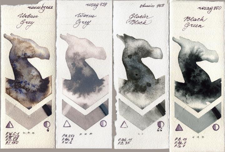 Roman Szmal Aquarius 262 Urban Grey vs Rosa Gallery 759 Warm Grey vs Shminke Horadam Aquarell 965 Glacier Black vs 760 Black Green watercolor swatch