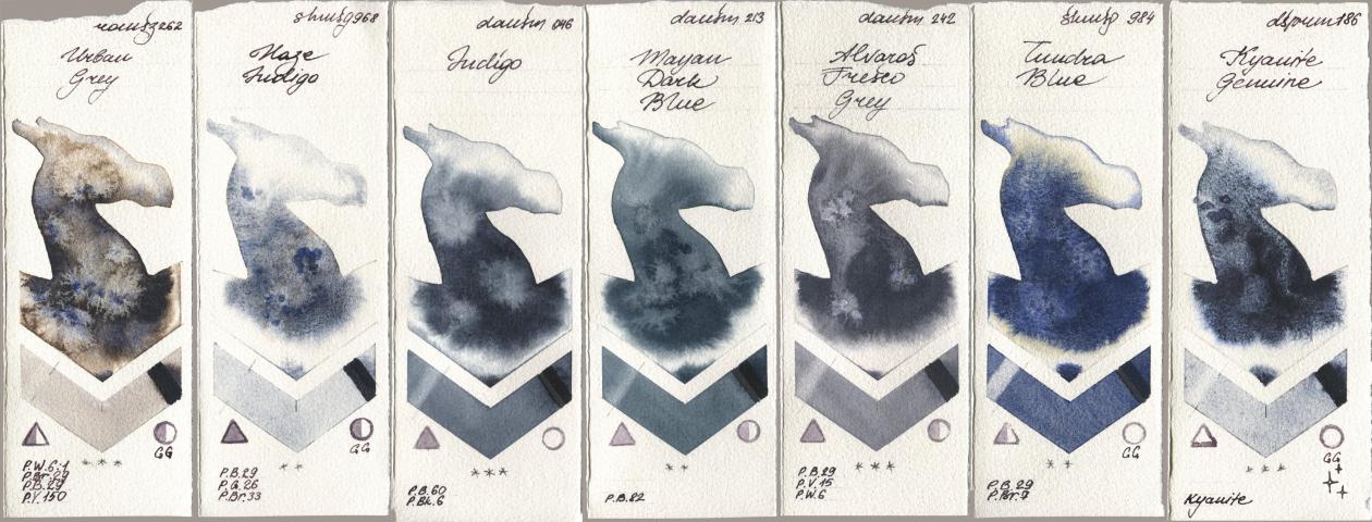 Roman Szmal Aquarius 262 Urban Grey, Shminke Horadam Aquarell 968 Haze Indigo, Daniel Smith 046 Indigo, 213 Mayan Dark Blue, 242 Alvaros Fresco Grey, 984 Tundra Blue, 186 Kyanite Genui watercolor swatch