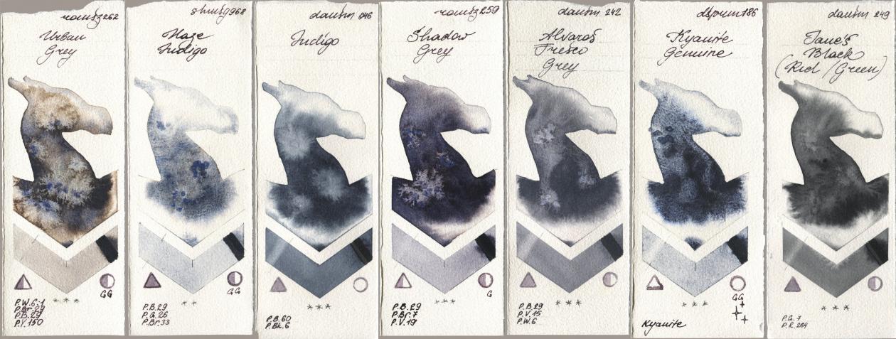 Roman Szmal Aquarius 262 Urban Grey, Shminke Horadam Aquarell 968 Haze Indigo, Daniel Smith 046 Indigo, 259 Shadow Grey, 242 Alvaros Fresco Grey, 186 Kyanite Genuine, 249 Janes Black (Red/Gree watercolor swatch