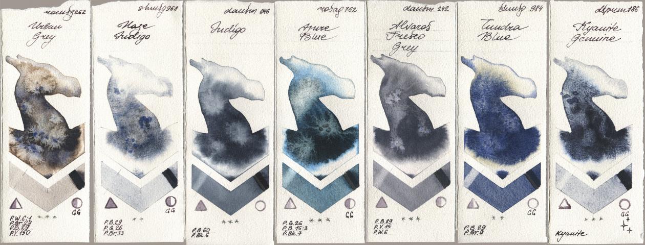 Roman Szmal Aquarius 262 Urban Grey, Shminke Horadam Aquarell 968 Haze Indigo, Daniel Smith 046 Indigo, Rosa Gallery 762 Azure Blue, 242 Alvaros Fresco Grey, 984 Tundra Blue, 186 Kyanite Genui watercolor swatch