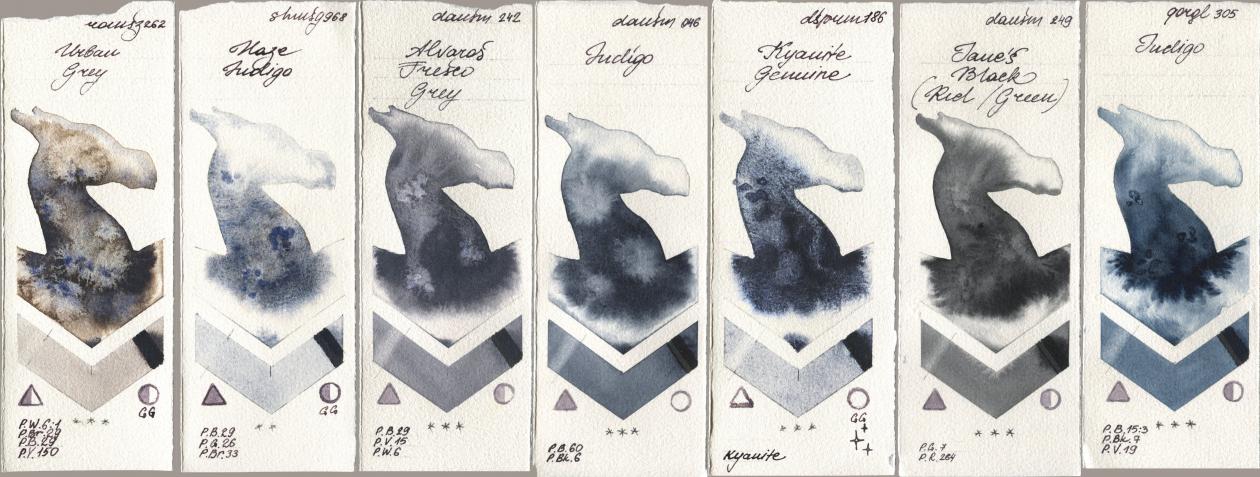 Roman Szmal Aquarius 262 Urban Grey, Shminke Horadam Aquarell 968 Haze Indigo, Daniel Smith 242 Alvaros Fresco Grey, 046 Indigo, 186 Kyanite Genuine, 249 Janes Black (Red/Green), Golden QOR 305 Indi watercolor swatch
