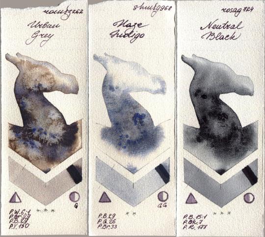 Roman Szmal Aquarius 262 Urban Grey vs Shminke Horadam Aquarell 968 Haze Indigo vs Rosa Gallery 724 Neutral Black watercolor swatch